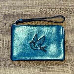 Coach Metallic Teal Blue Leather Wristlet with Bird Design